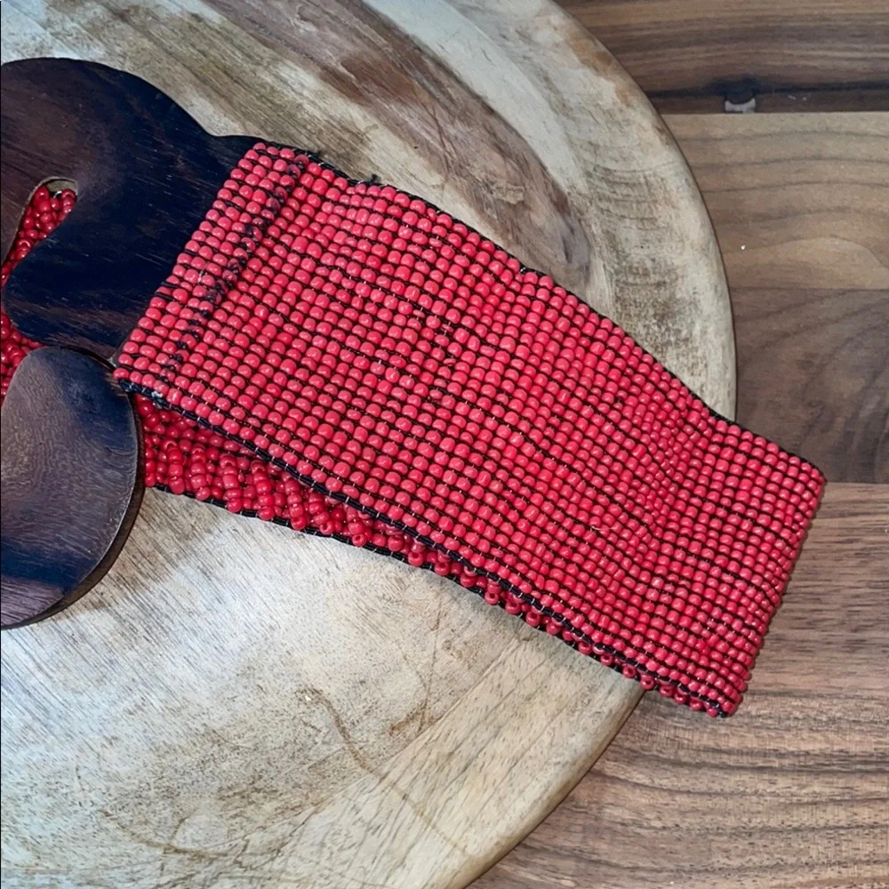 Boho Cowgirl Red Beaded Stretch Belt Wood Buckle Wide Artisan Small Southwest